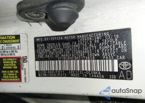 2019 Toyota Corolla Le from USA, damaged, VIN 2T1BURHE9KC179858